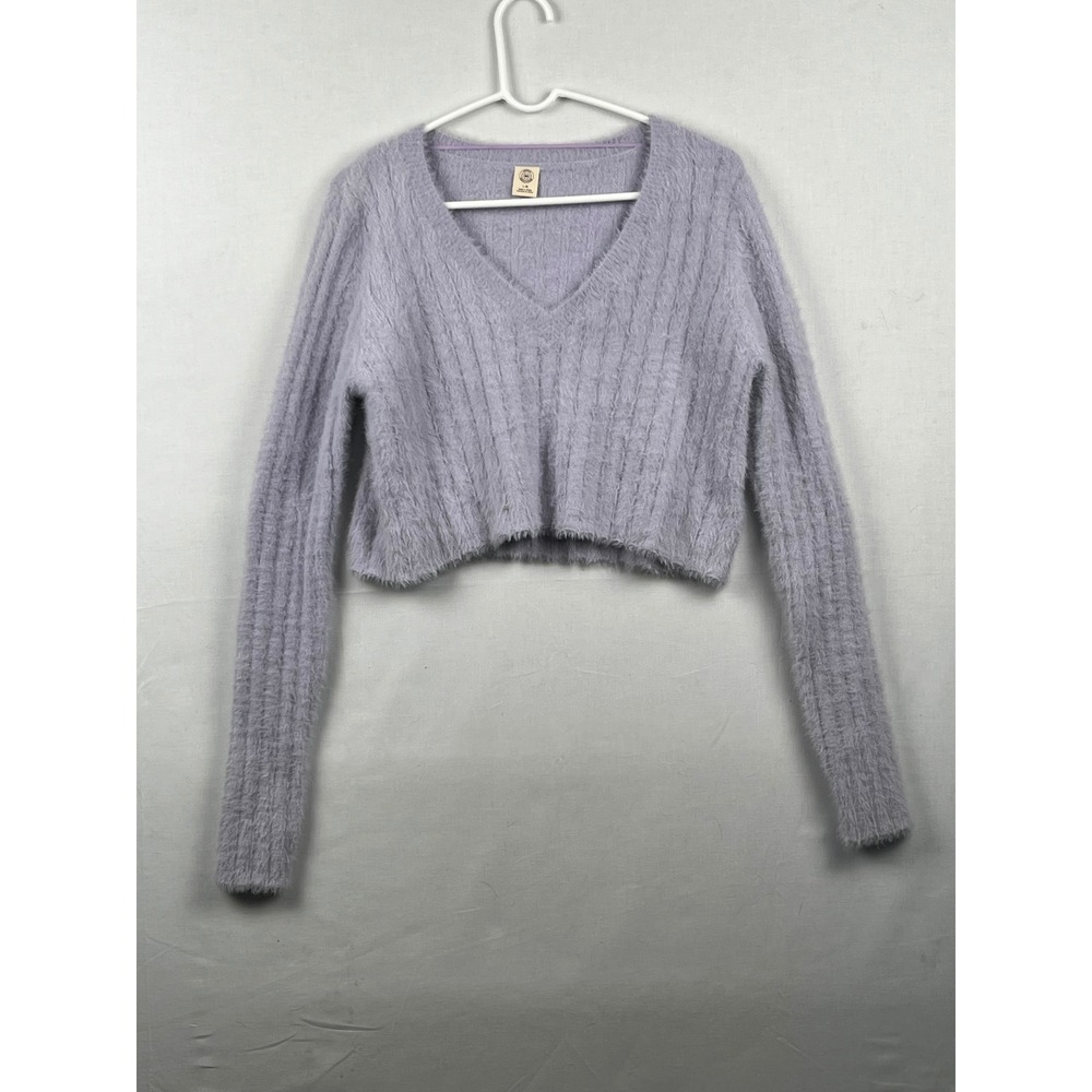 Urban Outfitters V-Neck Cropped Sweater Womens Large Fuzzy Ribbed Lavender Purpl